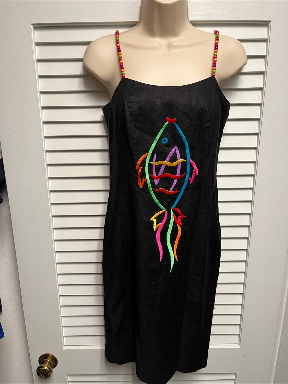 Vintage Deborah laws Black Mini Dress with Colorful Fish Embroidery